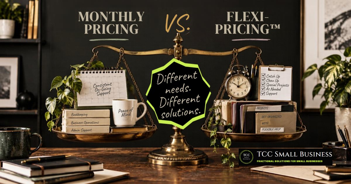 Monthly Pricing versus Flexi-Pricing™ for small business support, illustrated by a balanced scale representing different business needs and solutions.